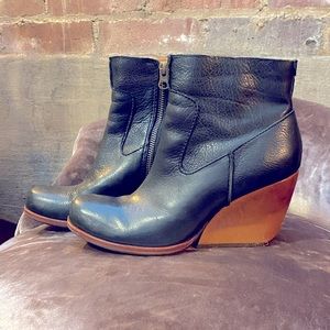Kork-Ease - black leather wedge heel booties